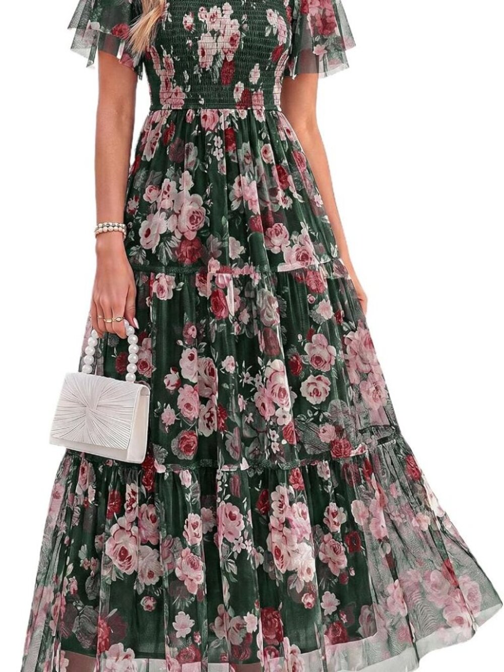 PRETTYGARDEN #14 Army Green Pink Floral Tulle Maxi L